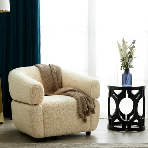 Image of Kingsman Furnitures Krillin Luxury Cream Shearling Tub Arm Chair | Modern Accent Lounge Chair with Gold Stainless Steel Detail, Plush Boucle | Upholstery, Wooden Legs (Cream Boucle)