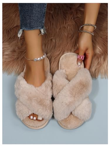 OYOANGLE Women's Cross Band Fuzzy Slippers Furry Open Toe Slip on House Shoes Soft Comfy Slide Slippers3