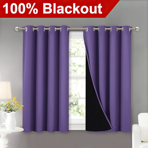 Image of NICETOWN 100% Blackout Curtains with Black Liners, Thermal Insulated Full Blackout 2-Layer Lined Curtains, Energy Efficiency Window Draperies for Dining Room (Lilac Purple, 2 Panels, 52 inch W by 45 inch L)