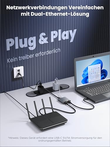 Warrky LAN Splitter 1 auf 2, 1000Mbps Ethernet Splitter mit Type-C-Netzkabel