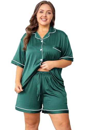Image of Vozanet Women's Plus Size Button Down Pajamas Soft Lounge Sets Shorts with Pockets Bride Nighty Solid Soft Pjs 1x to 5x
