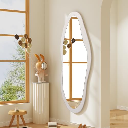 Image of AAZZKANG Irregular Full Length Mirror Wooden Asymmetrical Wall Mirrors Modern Large for Bedroom Dressing Room Living Room Entryway White 47 inchx20 inch
