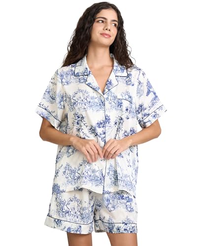 Image of YiNi LuLu Womens Silk Satin Shorts Pajamas Set Button Down 2 Piece Pjs Short Sleeve Oversized Sleepwear with Pockets