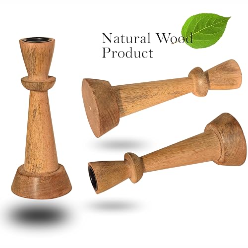 Image of Pure Source India Wooden Candle Holder for Taper Candles, Natural Mango Wood Vintage Style 18cm Tall Candle Stand for Fireplace Dining Table Centrepiece, Decorative Item for Home