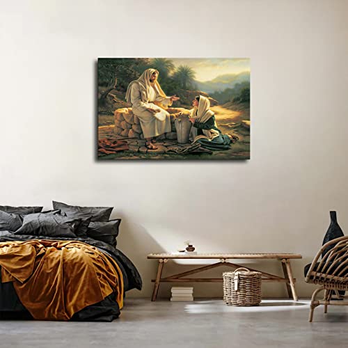 Catholic Jesus Christ With Girl At The Well Posters Modern Prints Paintings Canvas Wall Art For Home Kitchen Living Room Bedroom Decor (Framed,24X36Inch) #TOP2