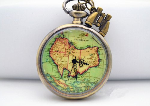 Antique Brass Oceania Australia Map Pocket Watch Necklace, Telescope Adventure Necklace
