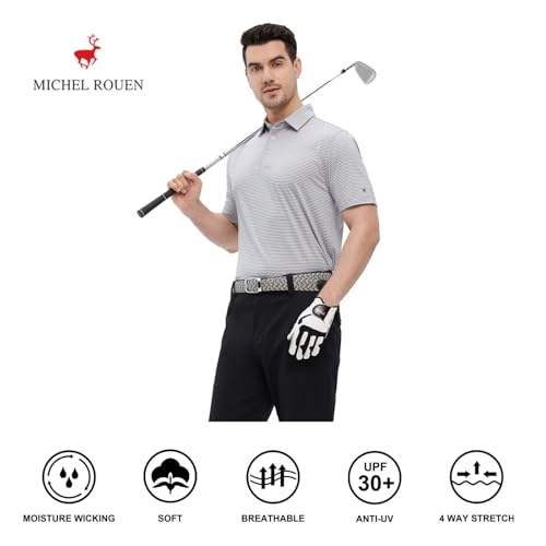 Image of Mens Golf Shirt Moisture Wicking Dry Fit Performance Sport Short Sleeve Striped Golf Polo Shirts for Men