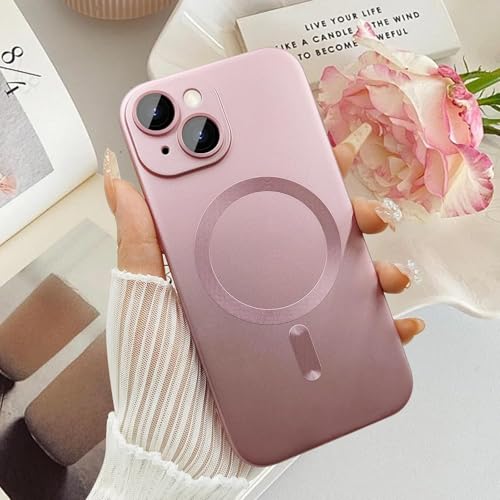 Image of DIZORO Magnetic Case for iPhone 13 / iPhone 14 Cover [Compatible with MagSafe][Built-in Camera Lens Protector] Slim Soft Silicone Bumper Shockproof Metallic Luster Back Cover Phone Cases (Pink)