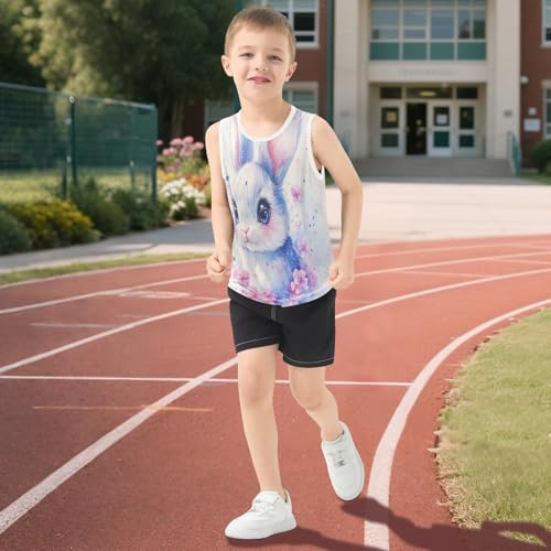 Boys Tank Top Shirts Watercolor Rabbit Pink Flower Bunny Sleeveless T-Shirts Crew Neck for Kids Clothing Children 5