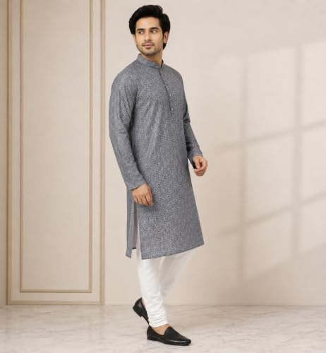 Image of LATEST CHIKAN Men's Silk Chikankari Kurta with Cream Churidar | Festive Set - KP Silk BANARSI