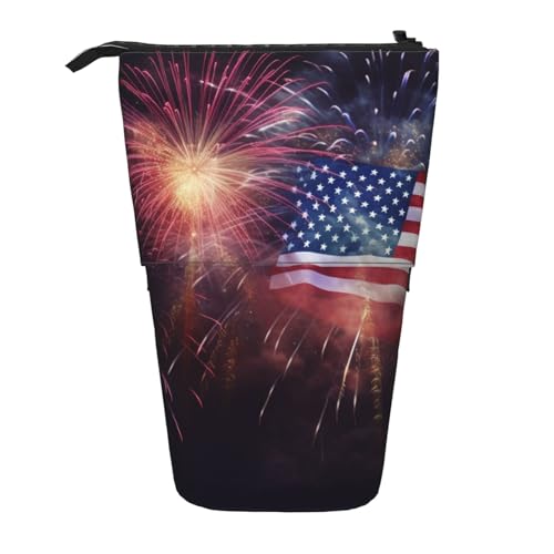 LHBWCVN 花火 アメリカ国旗 7月4日 コスメバッグ 立ち筆箱 伸縮式ペンシルバッグ 携帯用 鉛筆ホルダー かわいい スタンドアップペンシルポーチ レディース メンズ 旅行 コインポーチ 財布