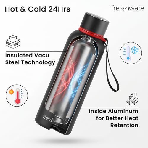 Image of Frenchware Stainless Steel Vacuum Insulated Delta Water Bottle, 900 ml | Thermos Flask, 24Hrs Hot & Cold, Leakproof, Aluminum Coating, Black