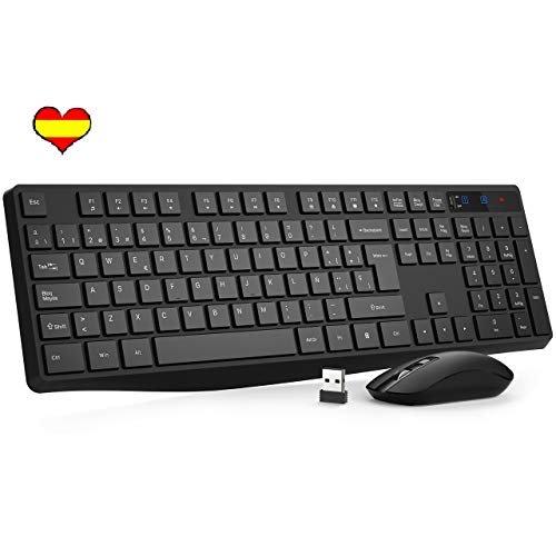 VicTsing Pack Teclado y Ratón Inalámbrico 2.4G con 12 Teclas Multimedia Anti-Splash Teclado Choclate, dpi 1600, QWERTY Español para PC, Computadora y Portátil