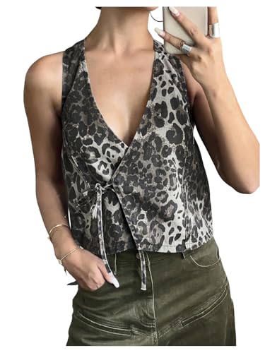 MakeMeChic Women's Cheetah Print Denim Top Wrap Tie Front Sleeveless Summer Y2K Tank Crop Tops