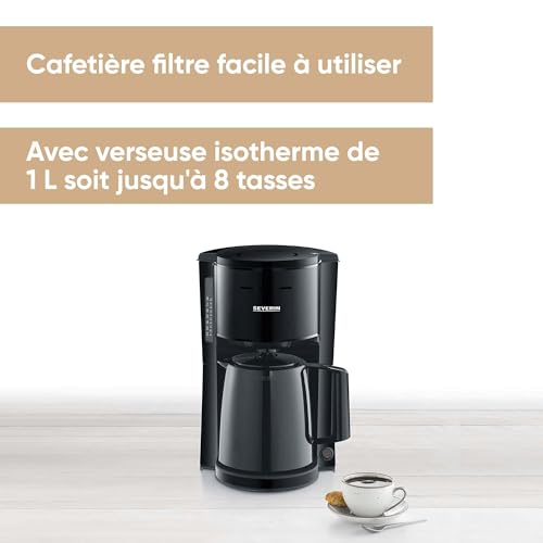 SEVERIN Cafetière Filtre Isotherme, 1 000 W, Capacité de 1L, Jusqu'à 8 tasses, Verseuse isotherme avec couvercle de filtration, Noir, KA 9306
