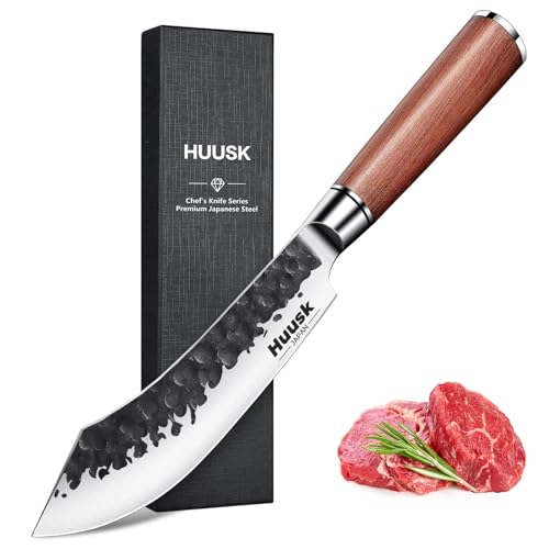 Huusk Japanese Butcher Knife for Meat Cutting - 7' Hand Forged Breaking Knife from Japan, Upgraded High Carbon Steel BBQ Meat Brisket Caving Knives for Chefs, Butchers, Gifts Idea for Men