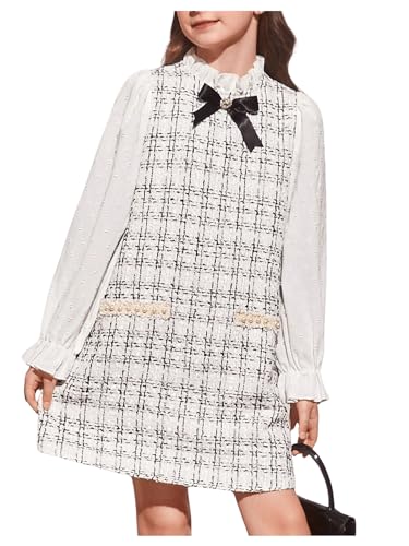 WDIRARA Girl's Plaid Print Bow Front Tweed Dress Flounce Long Sleeve Mock Neck Cute Elegant Short Dresses