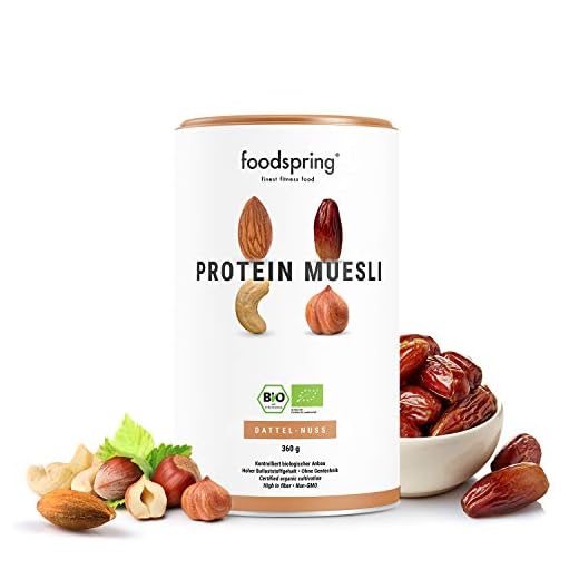 foodspring Muesli Proteico, 360g, Dátiles-Frutos secos, Ingredientes 100% orgánicos, Garantizado vegano y sin lactosa