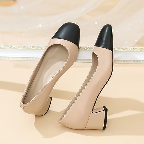 Zamikoo Cap Toe Shoes for Women, Block Heel Square Toe Slip On