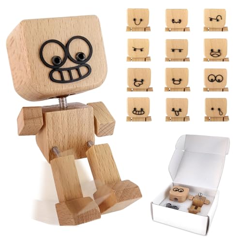 Audasi Shaking Wooden Man Figurine, Handmade Shaking Feet Wooden Doll with 12Pcs Expressions Charming Little Wood Figure That Sways Car Ornaments Funny Wood Desktop for Car Dashboard Decor Gifts