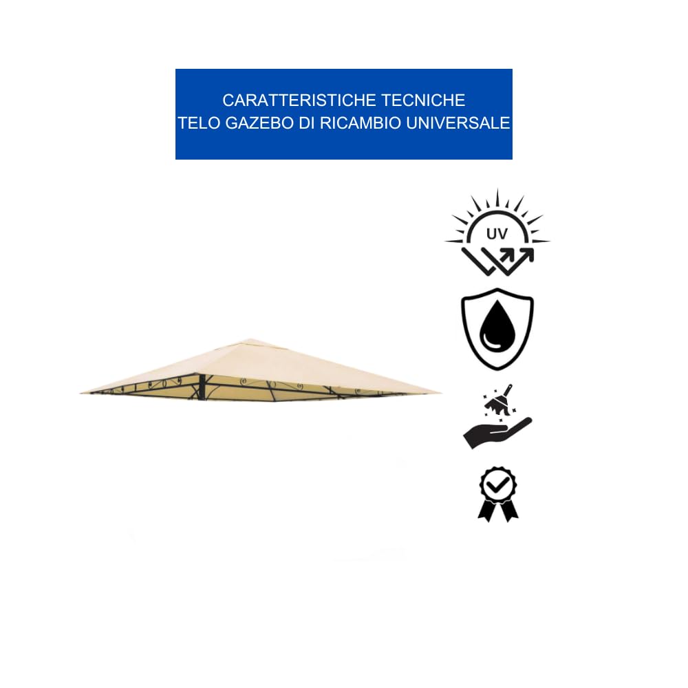 Telo Di Ricambio Per Gazebo 3x4 Metri Universale, Traspirante E Antimacchia Con Trattamento Idro/Oleo Repellente, In Poliestere Ecrù Denso 250G/M2