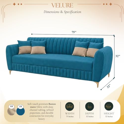 Image of CASASTYLE Signature Velour 3 Seater Sofa Set | Boston Matte Fabric | 40D Foam + Zigzag Spring | 3-Yr Warranty (Ocean Blue)