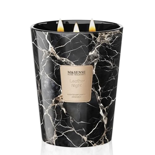 Image of M&SENSE Extra Large Candle 35oz 150H LeatherNight Scented Candle,3 Wick Highly Scented Jar Candle, XL Candles Gift for Women and Men