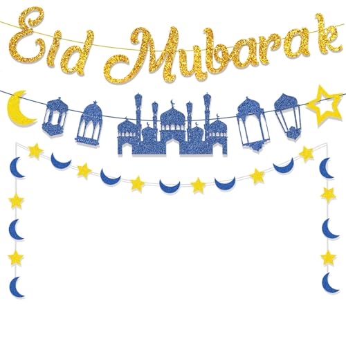 Decorazioni Eid, Banner Eid Mubarak con luna stella stringa di carta decorazioni Eid per la casa Eid Bunting Eid Banner per decorazioni per feste islamiche