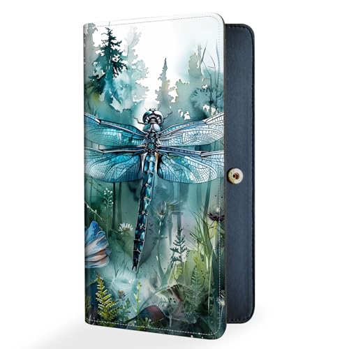 Slim Thin RFID Blocking Credit Card Wallets, Long Wallet for Women, Bifold PU Leather Credit Card Holder Cute Cash Clutch Long Billfold, Button protection, Dragonfly and Forest