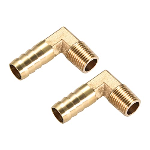M METERXITY 2 Pack Brass Hose Barb Fittings - 90 Degree Elbow Brass 12mm Barbed Reducer Apply to Water Fuel (1/4 PT Male Pipe)