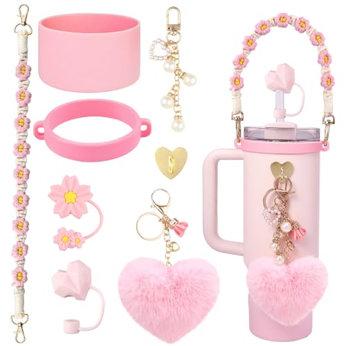 VIQWYIC Set di 8 accessori per borraccia Stanley Cup 30oz & 40oz – Include maniglia per il trasporto, anello di protezione in silicone, copertura per cannuccia e portachiavi per perle