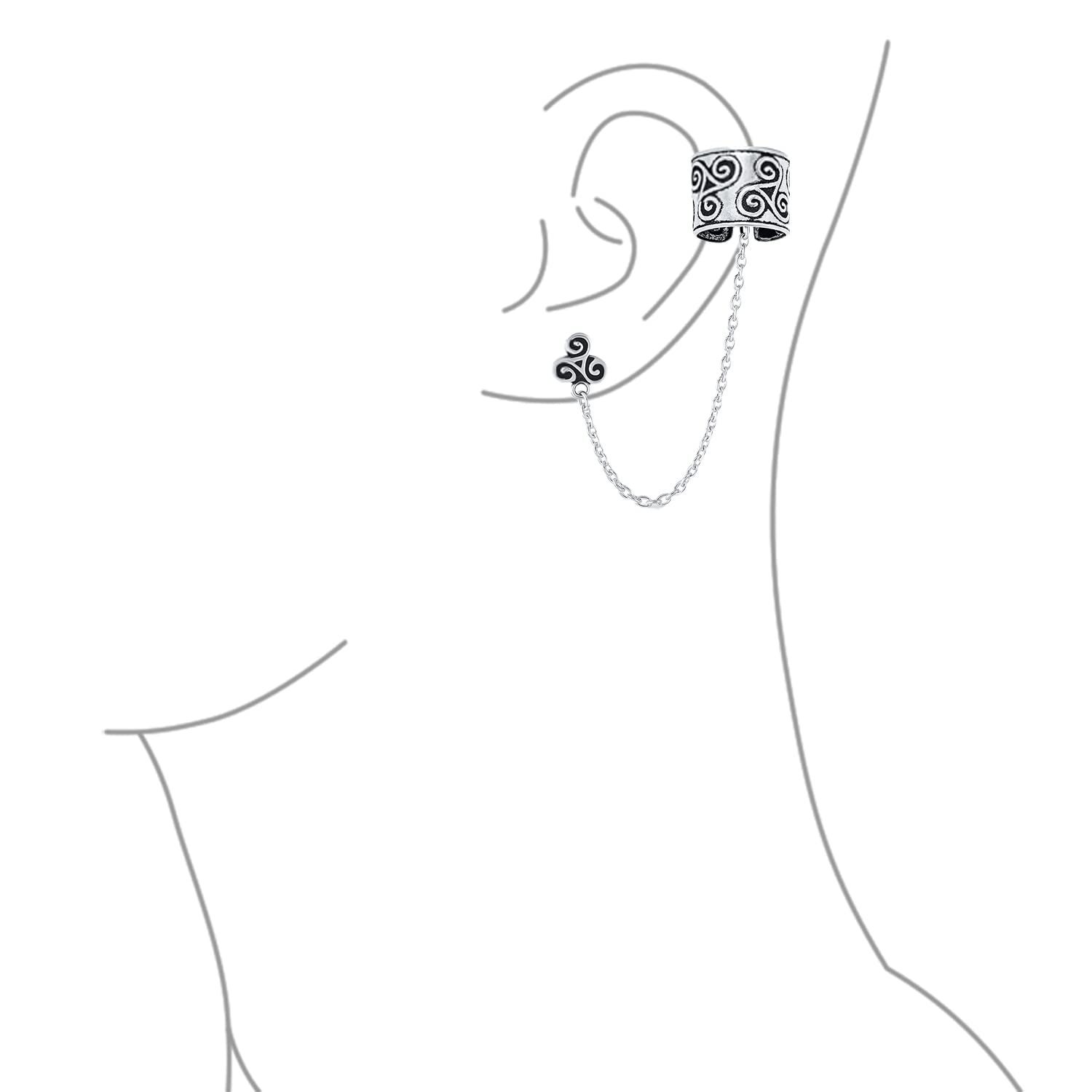 Set aus zwei keltischen irischen Wikinger-Wirbel-Sonne & Trinity Triskele Wrap Knorpel Ohrmanschette Kette durchbohrt Ohrstecker Ohrringe 1 Stück oxidiertes .925 Sterlingsilber