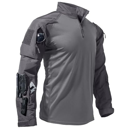 Men's Tactical Shirts Military Combat Shirt，1/4 Zipper Long Sleeve Ripstop Top for Outdoor Paintball Airsoft Grey XXL