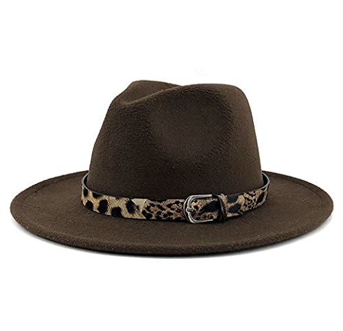 Bamboopack Sombrero clásico de moda de Manhattan Fedora Sombrero de fieltro sombrero de ala ancha sombrero de trilby sombrero de Panamá con cinturón de leopardo retro (café)