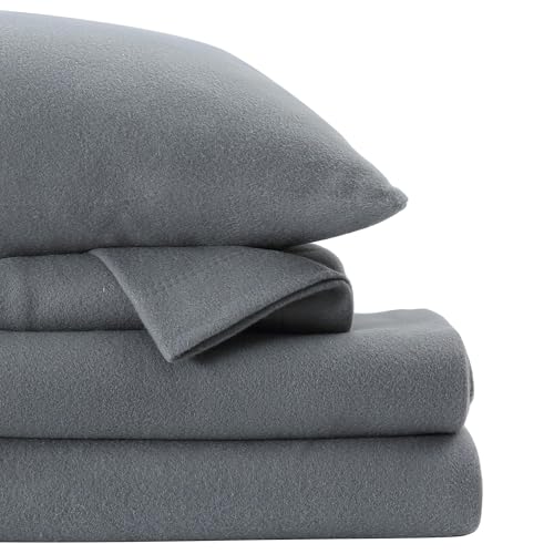 Juego de sábanas de franela tamaño matrimonial de 4 piezas de microforro polar con bolsillo profundo de 15 pulgadas, sábana bajera suave y cálida, sábana encimera y funda de almohada, color gris