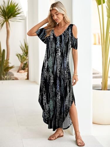 Image of BELAROI Womens Cold Shoulder Maxi Dress Plus Size V Neck Summer Sundresses with Pockets Beach Coverup Vacation Outfits