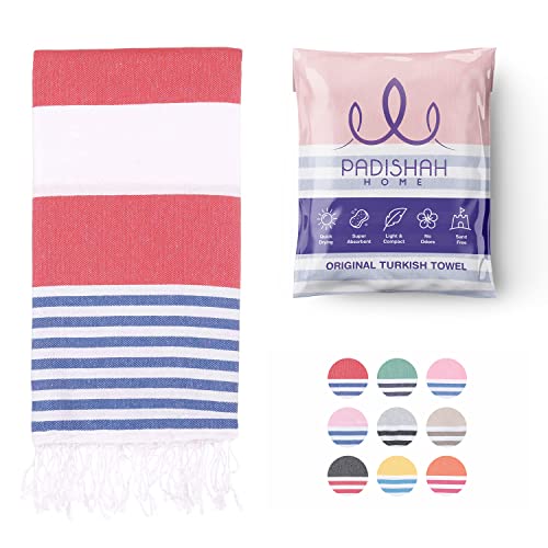 PADISHAHHOME Turkish Beach Towel Oversized 38x71 | 100% Turkish Cotton Sand Free Quick Dry Towel Extra Large Cabana Stripe Turkish Towel Lightweight Travel Towel Beach Essentials - Red/Blue