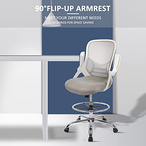 Image of HYLONE Drafting Chair, Tall Office Chair Standing Desk Stool with Adjustable Foot Ring, Flip-Up Arms, Mesh High-Back Drafting Table Chair, White & Grey