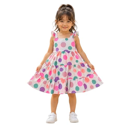 Image of The Magic Wand Kids Girls Printed Cotton Summer Dresses, Knee Length Sleeveless Casual Western Stylish One Piece Fit & Flared Frock for Beach & Vacations