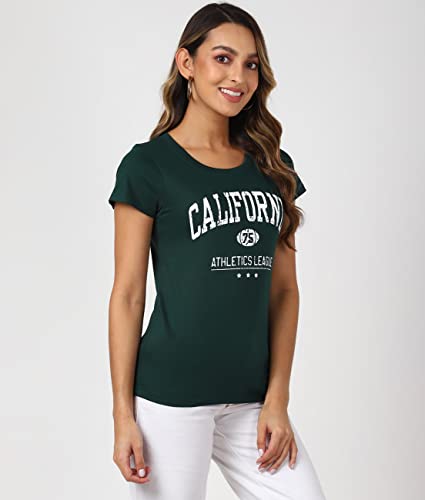 Image of UrbanMark Women 100% Cotton Round Neck Text Printed Half Sleeves T-Shirt - Green