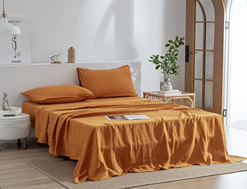 EVERLY Linen Sheets Set Twin Size,100% French Pure Linen Sheets Set,3Pieces (1Flat Sheet,1Fitted Sheet,1Pillowcase) Suitable for Hot Sleepers, Stonewash Deep Pocket Natural Bedding Set-Caramel