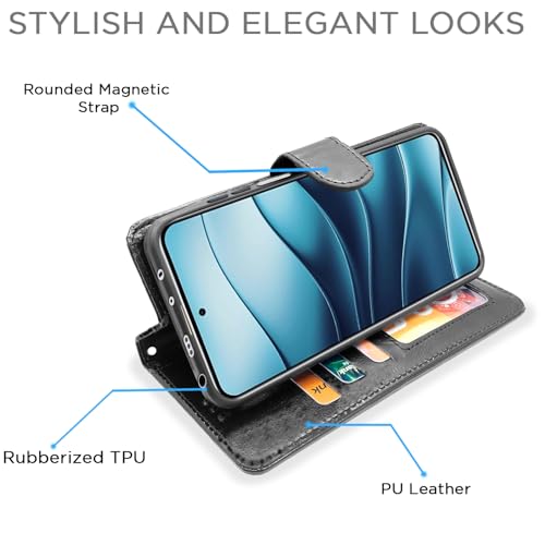 Image of Amazon Basics Flip Cover for Redmi Note 14 5G Leather Finish | Wallet Stand and Shock Proof | Inside TPU with Card Pockets | Complete Protection Flip Case (Black)