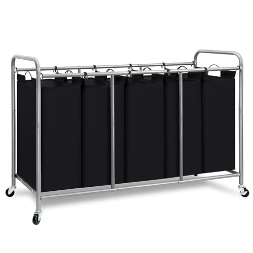 Image of STORAGE MANIAC 5 Section Laundry Sorter, 5 Bins Rolling Separator Laundry Basket, Dirty Clothes Hamper Divider with Heavy Duty Lockable Wheels, Large Clothes Organizer Cart, Black
