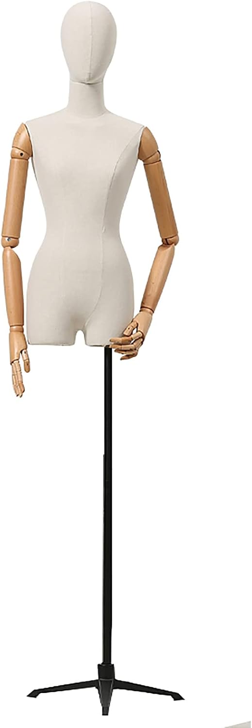 Female Dress Form with Wood Arms & Metal Tripod Stand & Cloth Head,Adjustable Height Mannequin Torso Body for Women's Clothing Display,Black,Gold