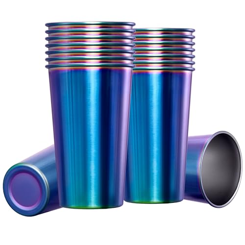 MEWAY 16 Pack 24oz Stainless Steel Pint Cup,Healthy Unbreakable and Stackable,Metal Drinking Glasses，Beer Glasses（Rainbow）