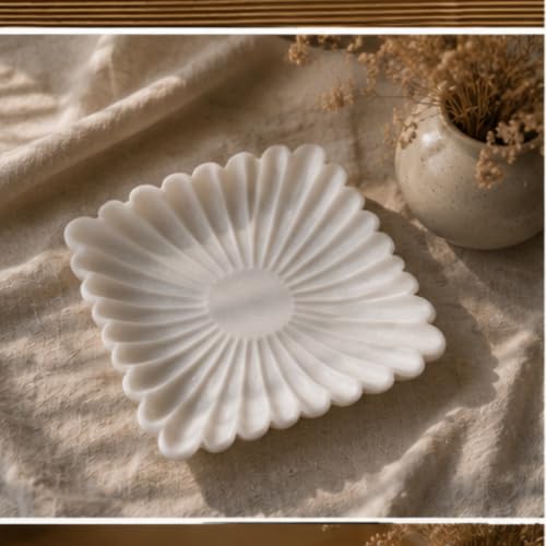 Image of Marble Urli Bowl for Decoration | Big Potpourri Decorative Bowls in Home decor | Large White Floating Flower Plates of Stone | Small Shape puja Item | (12 inch, Scalloped)