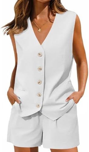 Cicy Bell Womens Summer Blazer Vest 2 Piece Sets V Neck Sleeveless Button Down Waistcoat and High Waisted Work Suit Short Set