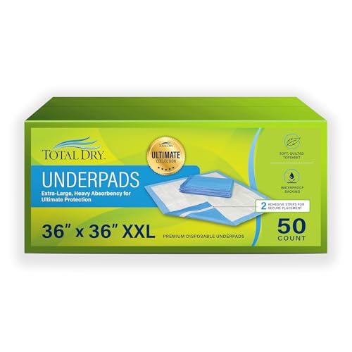 Total Dry XXXL - Almohadillas de cama para incontinencia de 36 x 36 pulgadas, 50 unidades, ultra absorbentes, resistentes e impermeables, desechables para adultos, niños y mascotas, máxima protección