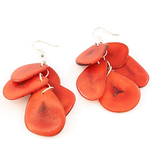 Red Dangle Tagua Earrings, Funky Eco Friendly Jewelry for Women, Lightweight and Handmade