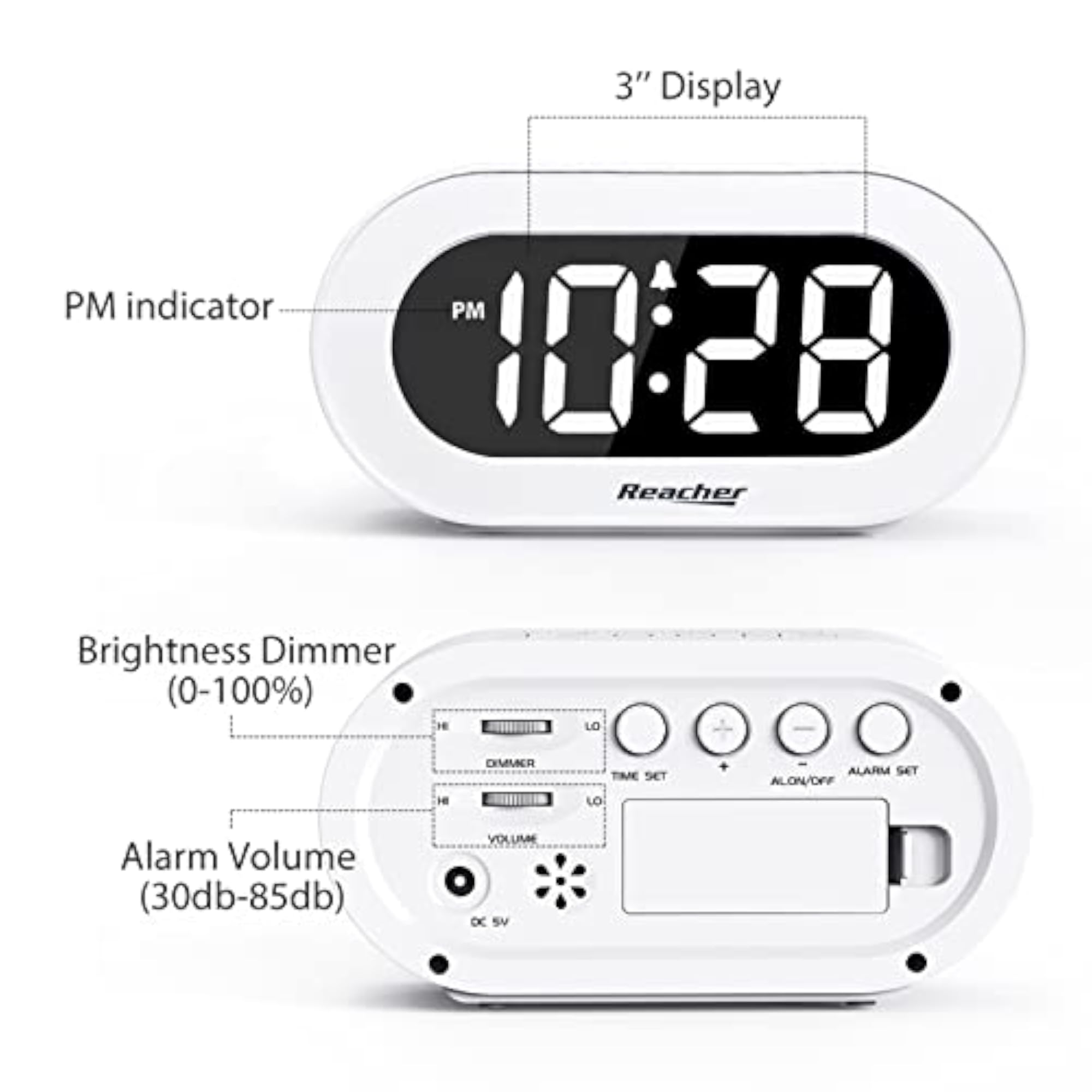 Full Range Brightness Dimmer LED Digital Alarm Clock